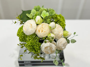 Faux Peony Hydrangea Green Berries Arrangement